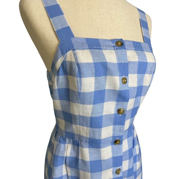 J. Crew Factory Linen Button Front Blue Plaid Checked Square Neck Dress Jumper 4 - Picture 2 of 7